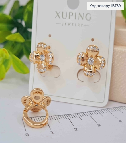 Серьги кольца (1,1см), "Цветочек" украшена Блестящими камешками (1,3см), XUPING 18K 118789 фото 2