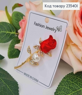 Брошь, "Красная Роза" с Блестящими камешками и Жемчужкой, 6,5см, Золотого цвета 235401 фото