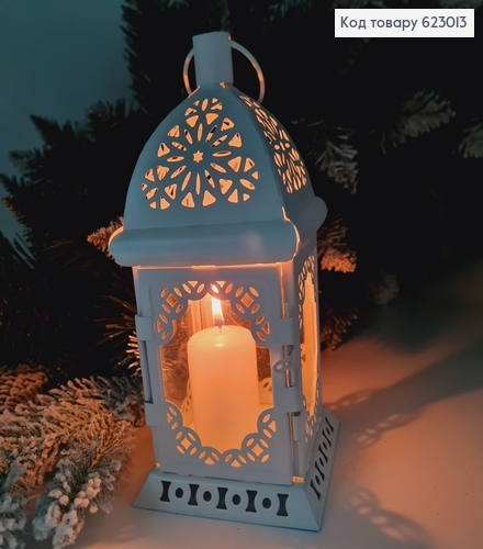 Подсвечних-фонарик МЕТАЛИЧЕСКИЙ, БЕЛЫЙ со стеклом и дверкой (18*10см) 623013 фото 1