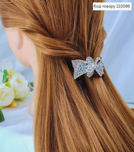 Заколка автомат металл 6*2,5см Бантик в камешках серебряного цвета 222086 фото 2