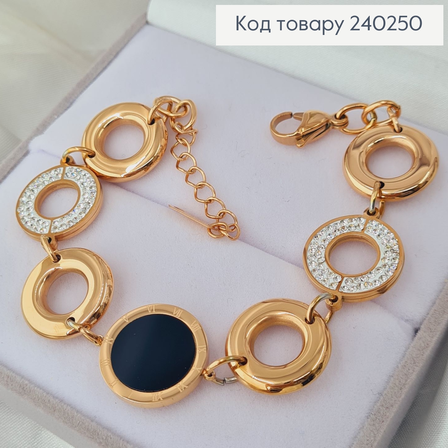 Браслет 19+6 см Римський годинник з чорною емаллю і камінцями, колір золотий, Stainless Steel 240250 фото 1