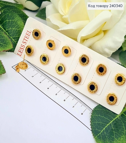 Серьги гвоздики, лимонного цвета, кружочки в стиле Булгари, с черной эмалью, Сталь Stainless Steel 240340 фото 2