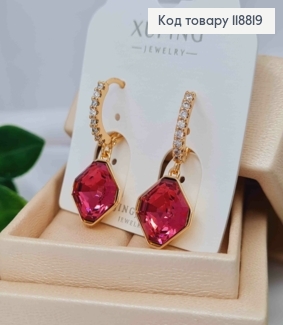 Сережки кільця (1,3см) з підвісним граненим Темно-Рожевим каменем Сваровскі (1,3см), Xuping 18К 118819 фото