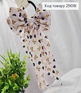 Бант БІЛОГО кольору з принтом Ведмедики, на резинці 4см, тканина атлас, розмір 15*30см 251081 фото