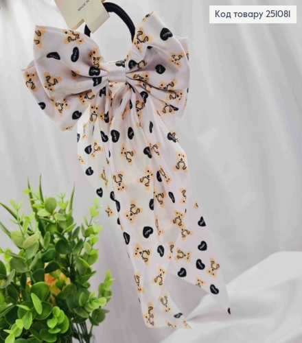 Бант БІЛОГО кольору з принтом Ведмедики, на резинці 4см, тканина атлас, розмір 15*30см 251081 фото 1