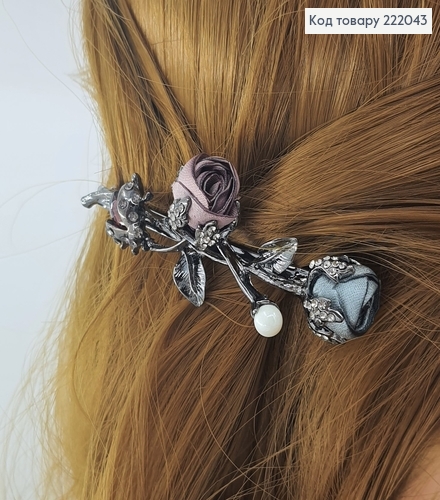 Заколка автомат металл с розой атласной 222043 фото 1