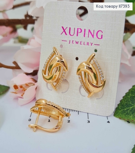 Серьги "Вечность", совмещенные капли с камешками, длина 2,1см, англ застежка, XUPING 18K 117393 фото 1
