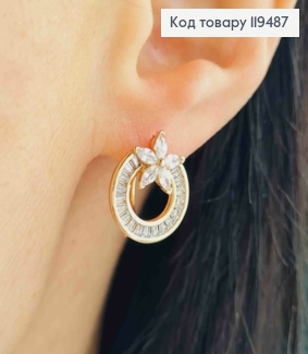 Серьги кольца с Блестящими камешками и Цветочком, диаметр 1,5см, XUPING 18К 119487 фото