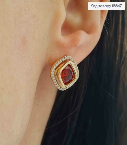 Сережки "Очі Сфінкса" з Червоним каменем в оправі з камінців, 1,4см, англ. застібка, Xuping 18К 118847 фото 2