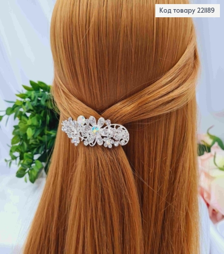 Заколка автомат, АЖУРНЫЙ ЦВЕТОК украшена Блестящими камешками, Серебряного цвета, 7см 221189 фото 1