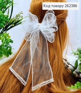 Бант БЕЛОГО цвета "Ажурный", на заколке 5,5см, ткань фатин, размер 15,5*11см, ручная работа 262386 фото