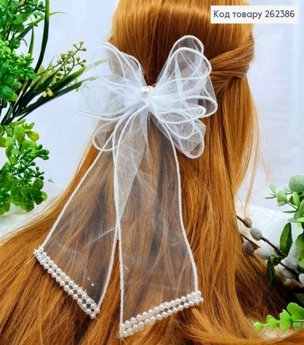 Бант БЕЛОГО цвета "Ажурный", на заколке 5,5см, ткань фатин, размер 15,5*11см, ручная работа 262386 фото 1