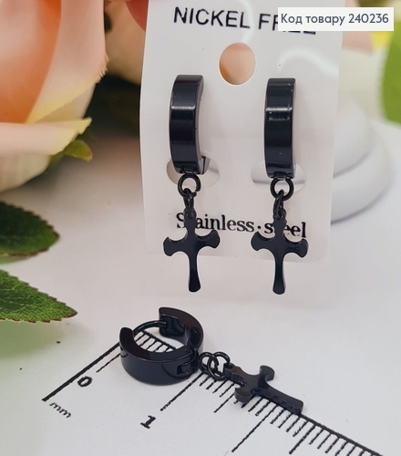 Серьги кольца   1,2см Хрестики черного цвета 1,2*0,9см, Stainless Steel  240236 фото 1