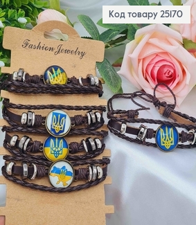 Браслет шкіряний, коричневого кольору, з Символікою України, з регуляцією розміру,  в асорт. 25170 фото