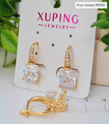 Сережки з Блискучим квадратним каменем, 2см, англійська застібка, XUPING 18K 119066 фото 2
