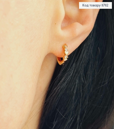 Серьги кольца 1см, с маленькими сердечками и камешками, Xuping 18К 117112 фото 2