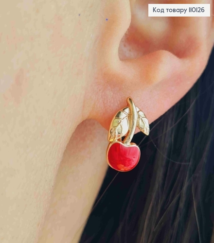 Сережки "Вишеньки Черешеньки" з Червоною емаллю, 1,4см, англ. застібка,  XUPING 18К 110126 фото 2