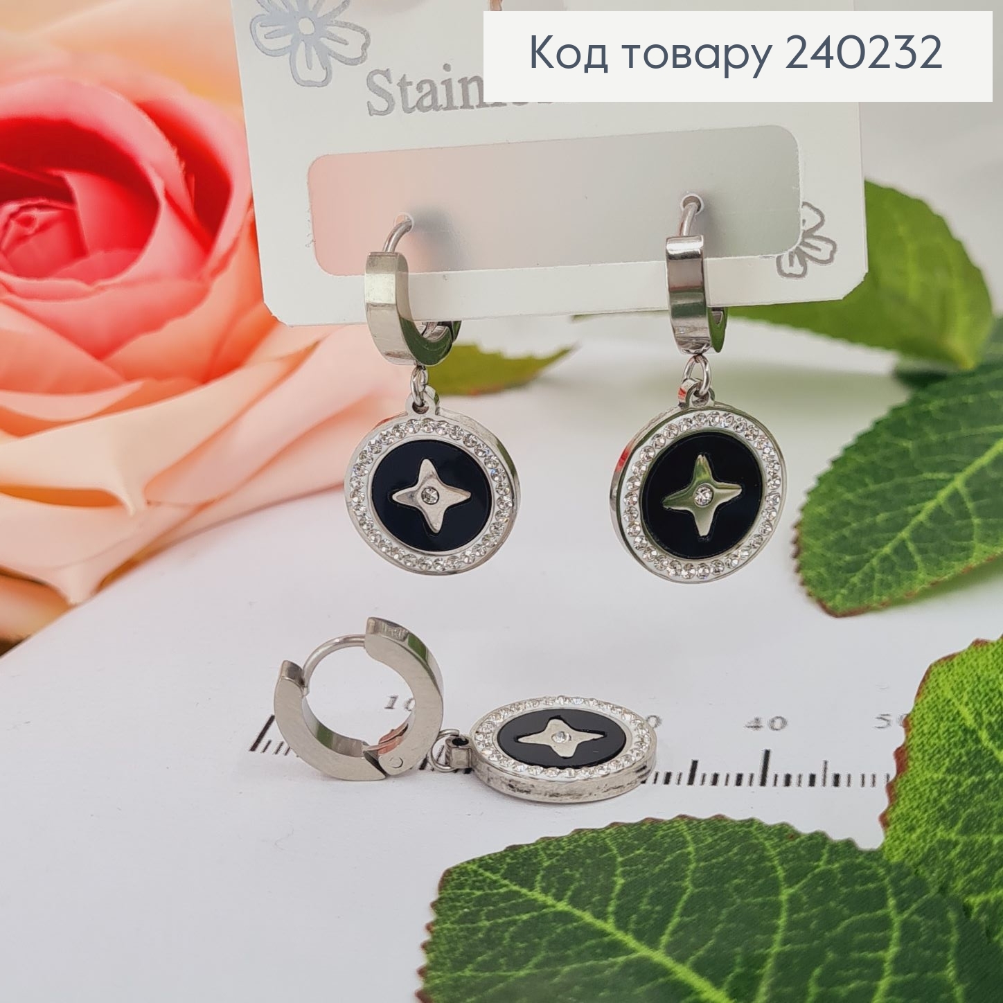 Сережки родированые кольца LVMH с чорной вставкой, 3*1,5см, Stainless Steel 240232 фото 2