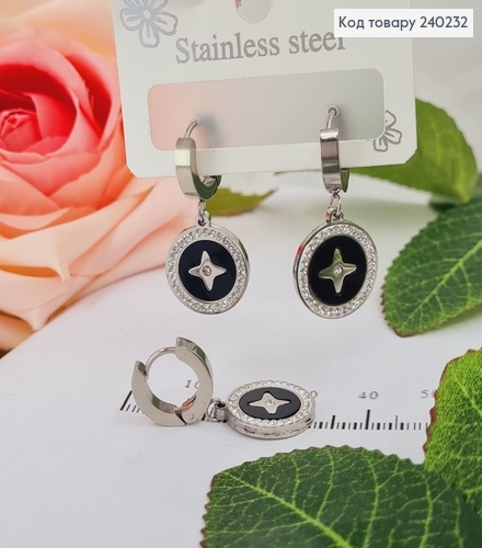 Сережки родированые кольца LVMH с чорной вставкой, 3*1,5см, Stainless Steel 240232 фото 2