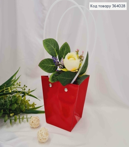 Флористическая сумочка глянцевая БОРДОВАЯ, конусная из пластика. ручками 12*12*12,5см 364028 фото 1