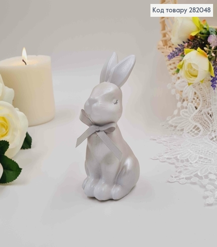 Пасхальная фигура ЗАЯЦ, СЕРЕБРЯНОГО цвета, с бантиком, 12*6,5см 282048 фото 1