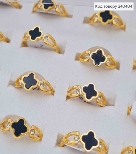 Кольцо золотого цвета, четырехлистник с черной эмалью, "Van Cleef", сталь Stainless Steel 240404 фото 2