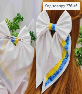 Бант БЕЛЫЙ с принтом "Хризантемы", на заколке 6,5см, ткань плотный атлас, разм 13*23см, ручная работа 276145 фото