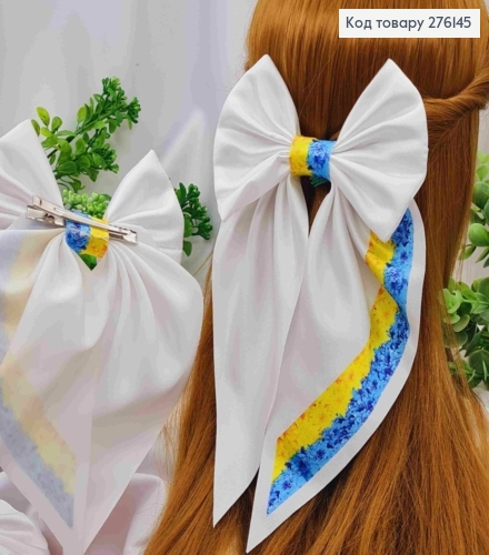 Бант БЕЛЫЙ с принтом "Хризантемы", на заколке 6,5см, ткань плотный атлас, разм 13*23см, ручная работа 276145 фото 1