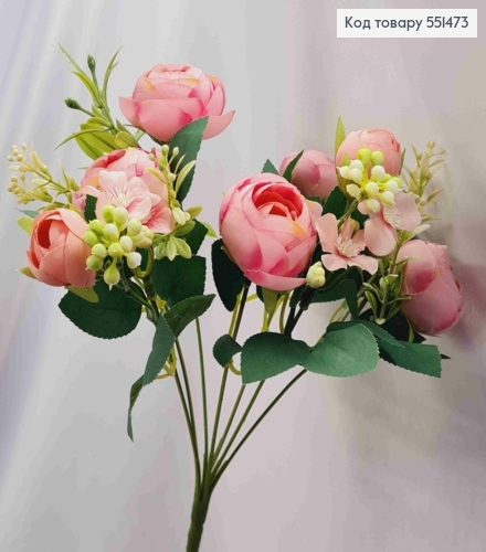 Штучна композиція Піоновидні Троянди, БУЗКОВОГО кольору, 7 гілочок на металевому стержні, висота34см 551473 фото 1