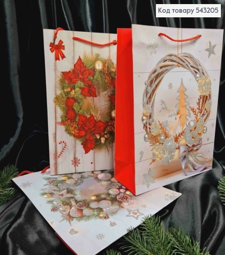 Пакет паперовий з малюнком "Новорічний вінок", 32*26*10см, в асортименті 543205 фото 1