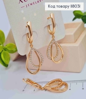 Серьги с подвесными двойными каплями с камешками, 1,5+2,3см, англ. застежка, Xuping 18K 118031 фото