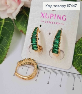Серьги овальные, с камешками в один ряд Зеленого цвета, длина 1,9см, XUPING 18K 117447 фото