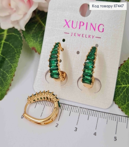 Сережки овальні, з камінцями в один ряд Зеленого кольору, довжина 1,9см, XUPING 18K 117447 фото 1