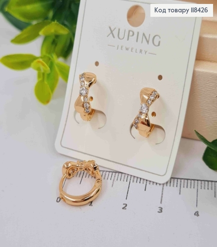 Сережки кільця "Бантик" прикрашені Блискучими камінцями, діаметр 1,3см, Xuping 18К 118426 фото 1
