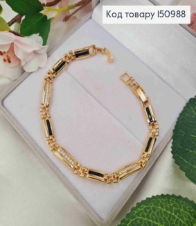 Браслет плетения пластинками украшенными Черной эмалью и блестящими камешками, 17+2см, Xuping 18K 150988 фото