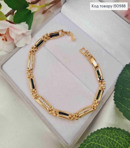 Браслет плетения пластинками украшенными Черной эмалью и блестящими камешками, 17+2см, Xuping 18K 150988 фото 1