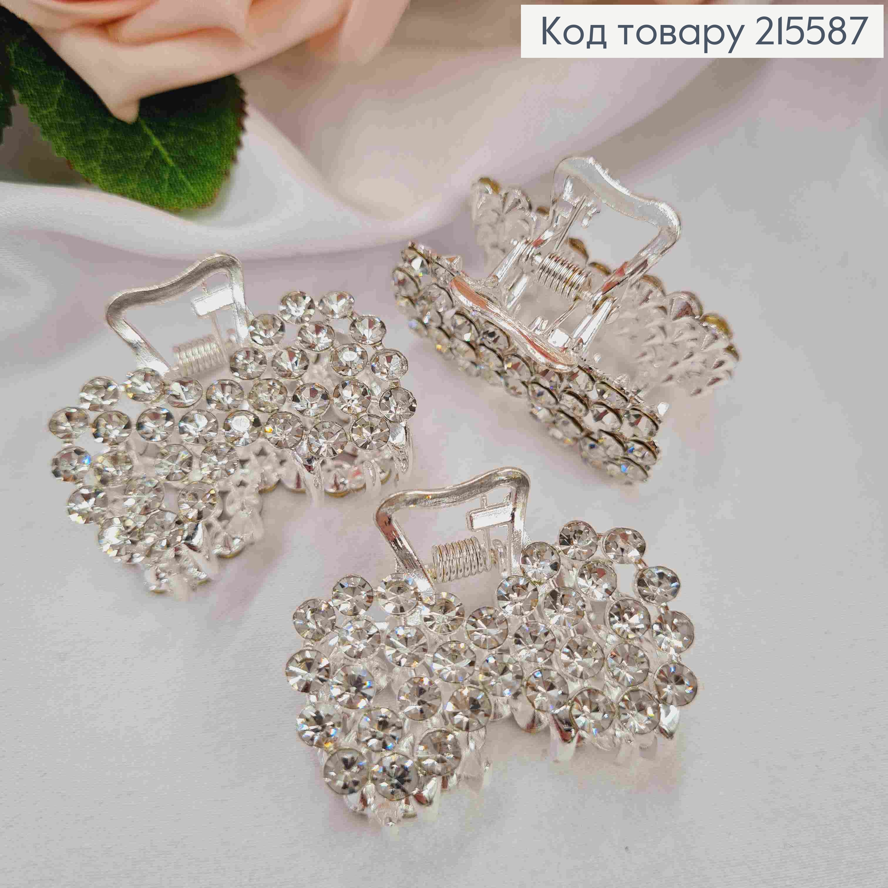 Краб металл "Бантик", 3,8см в камешках, серебряного цвета 215587 фото 1