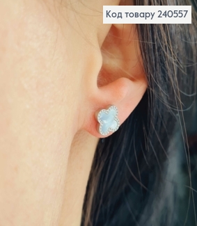 Серьги гвоздики серебряного цвета, с белой эмалью, "Van Cleef", 1см, сталь Stainless Steel 240557 фото