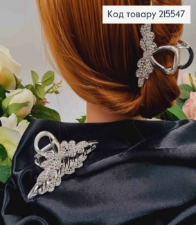 Краб метал КВІТОЧКА  срібного кольору в камінцях, довжина 11,2см 215547 фото