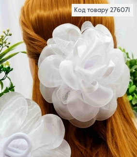 Бант - "Цветок" Белого цвета, на резинке, ткань органза + атлас с люрексом, 14см, ручная работа 276071 фото
