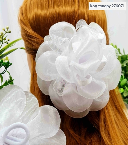 Бант - "Цветок" Белого цвета, на резинке, ткань органза + атлас с люрексом, 14см, ручная работа 276071 фото 1