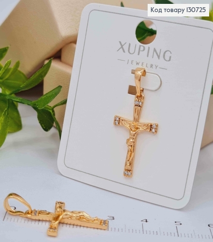 Хрестик з розп'яттям з Блискучими камінцями по краям, розмір 2,4*1,4см,  Xuping 18K 130725 фото 1