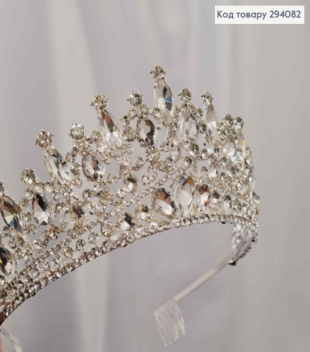 Диадема "Роскошная" Тиара под серебро с белыми камешками, 7см на верхушке 294082 фото 2
