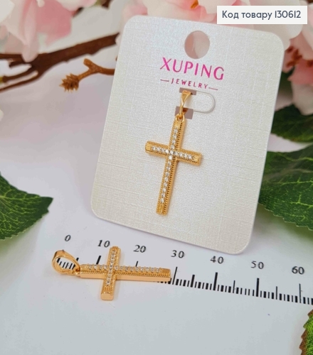 Крестик с рядочком камней и нежной резьбой по периметру, размер 2,5*1,5см, Xuping 18K 130612 фото 1