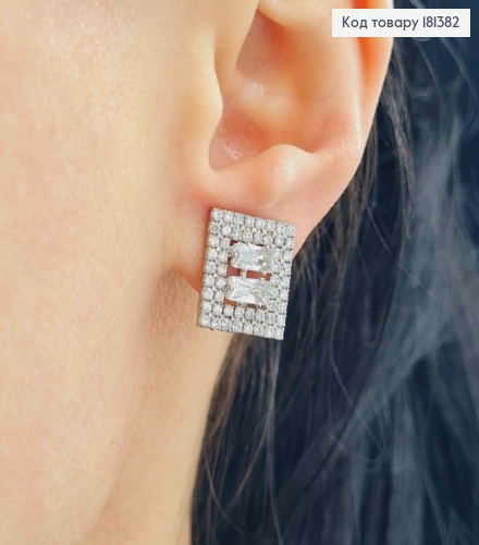 Кліпси родовані, прямокутна пластинка в камінцях, 1,5*1,8см, Xuping 181382 фото 2