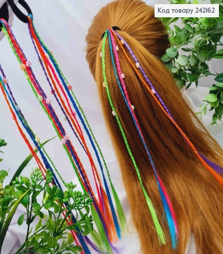 Пасма Косичкою з Квітками (32см) на резинці (4,5см), Яскраві кольори в асортименті. 242162 фото 1