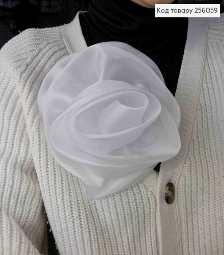 Брошка-заколка, об'ємна троянда БІЛОГО кольору, подвійна, 17см, тканина органза, ручна робота 256059 фото 2