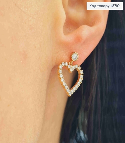 Сережки гвіздки Асиметричні "Серце+Коло" з Блискучими камінцями, 1,5см, Xuping 18K 118710 фото 2