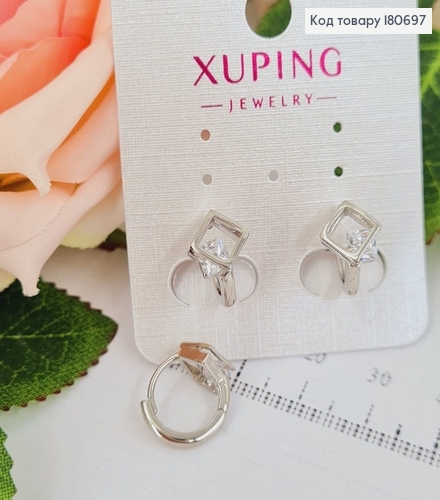Сережки родованые кольца Ромб с камнем, 1*1см, Xuping 180697 фото 1