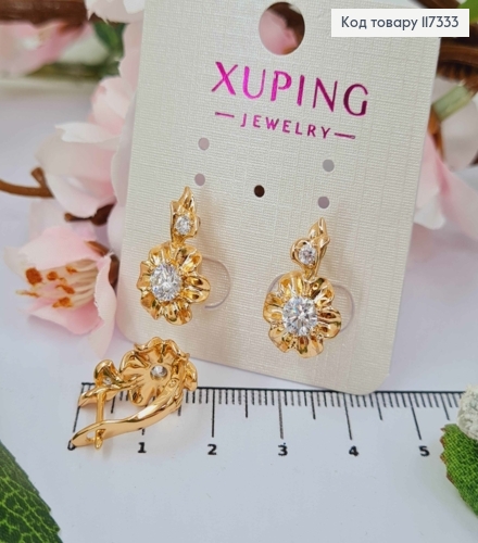 Серьги Цветочек с двумя камешками, длиной 2 см, англ застежка, Xuping 18К 117333 фото 2